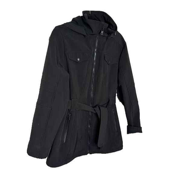 London Fog Womens Black Detachable Hooded Coat Belted Full Zip Stretch Large - Picture 2 of 8